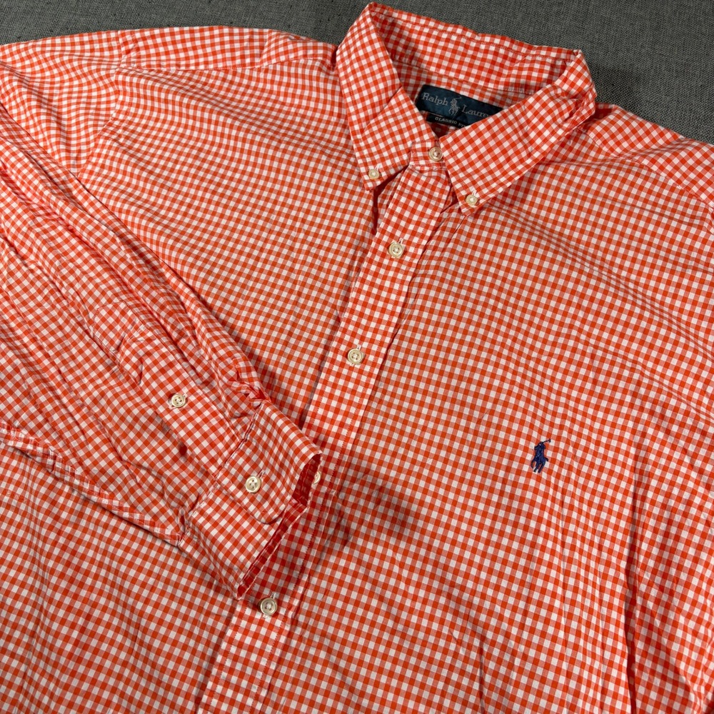 Ralph Lauren Button Down Mens 3XB Orange Gingham Classic Fit Long Sleeve Pony